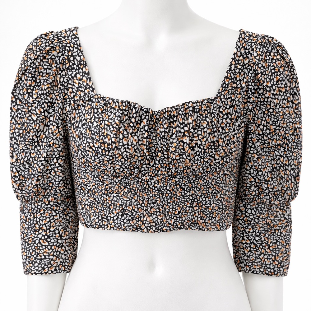 Black Abstract Floral Puff Sleeve Crop Top | Square Neck Cottagecore | Size 2